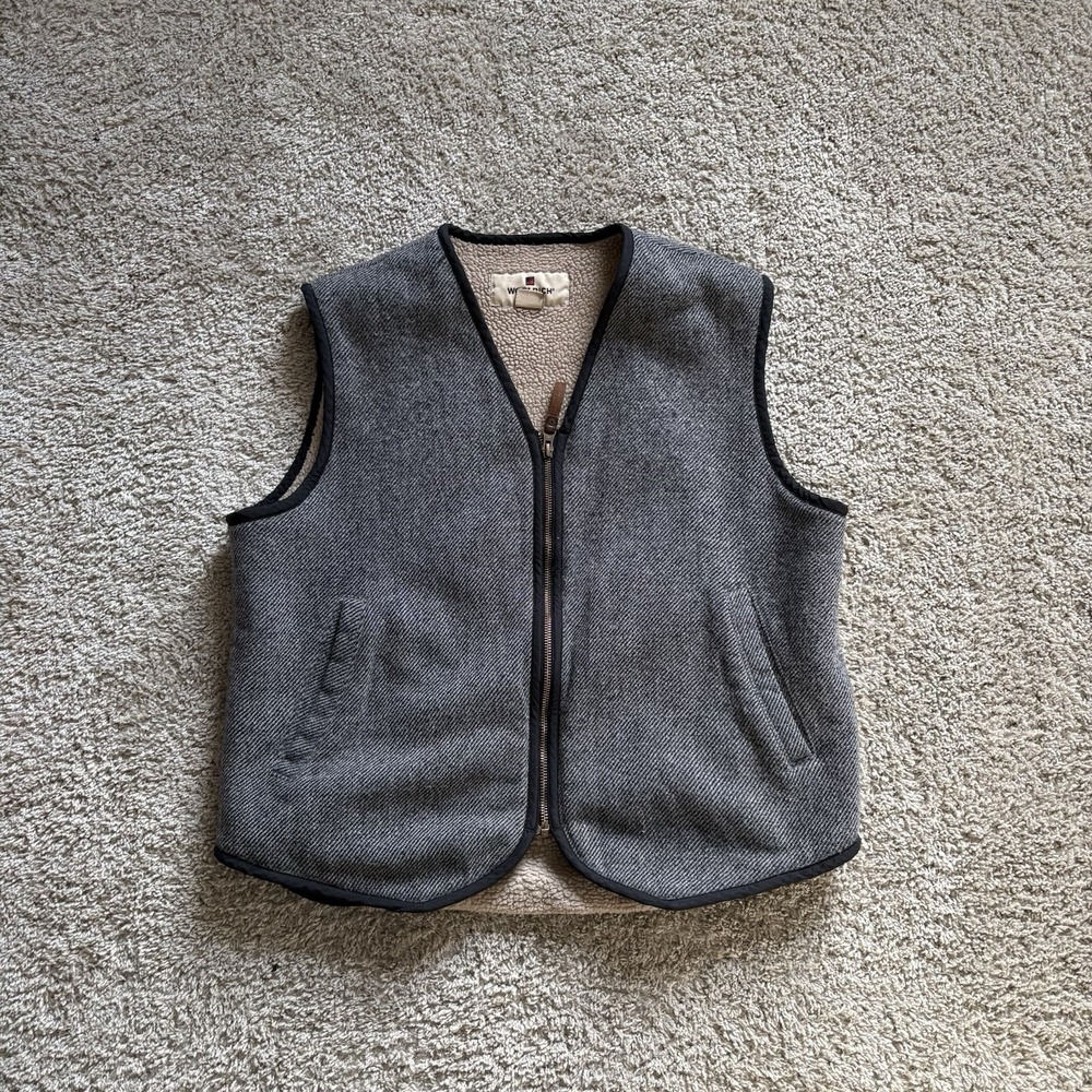 Woolrich‎ Wool Blend Vest Men's Medium Sherpa Lined YKK Zipper Leather Strap